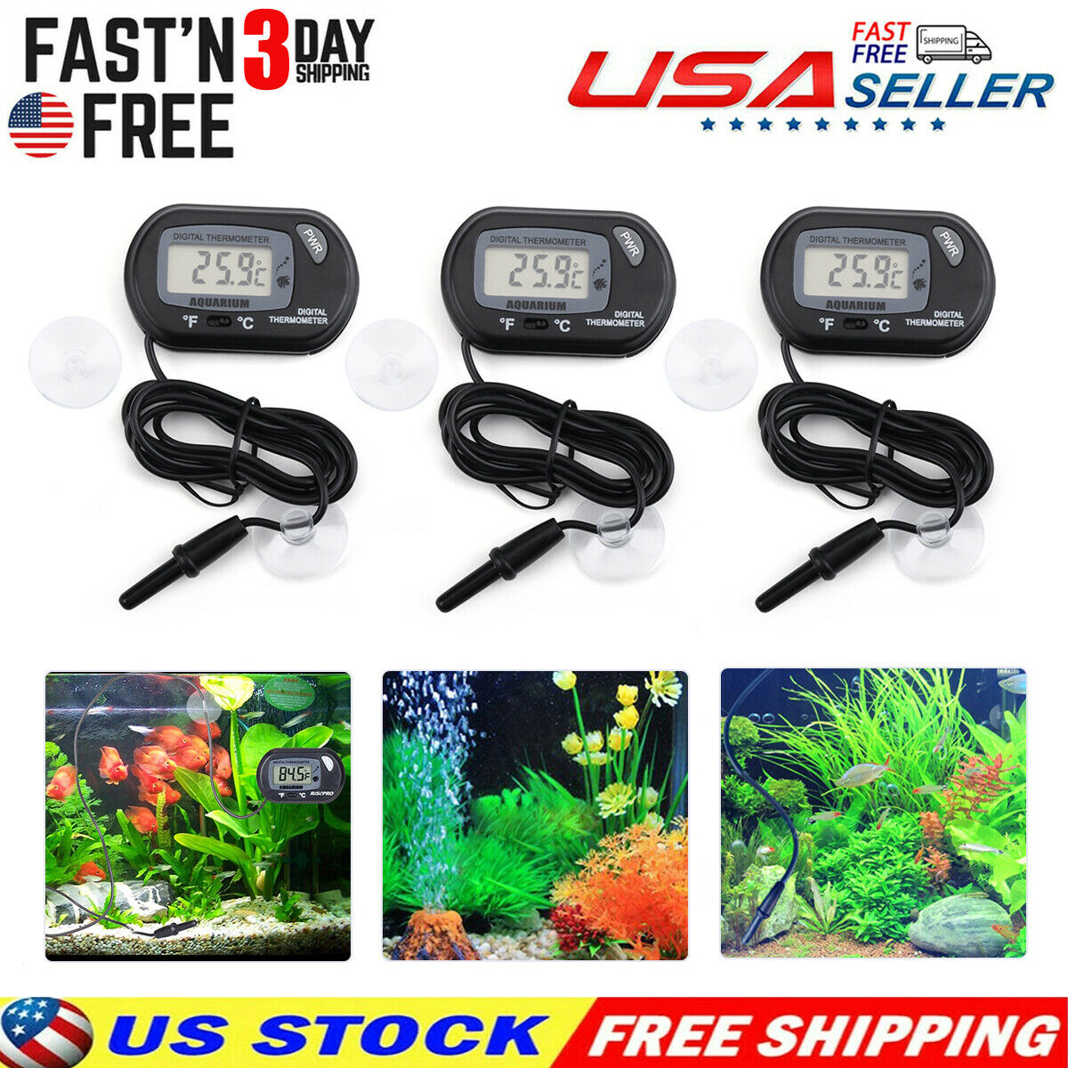 3pc Aquarium Digital Thermometer Fish Tank Salt Water Terrarium W/ Extra Battery