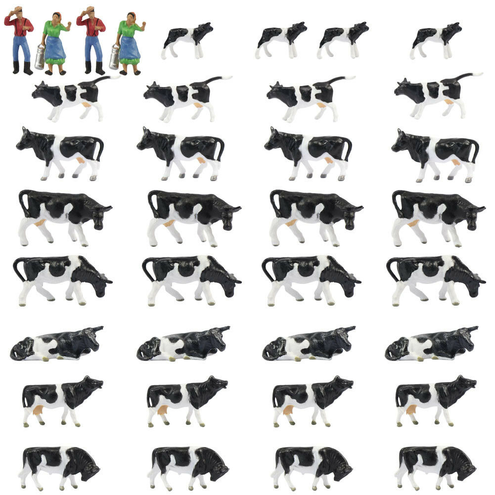 36pcs Ho Scale 1:87 Painted Farm Animals Model Black White Cows Shepherd